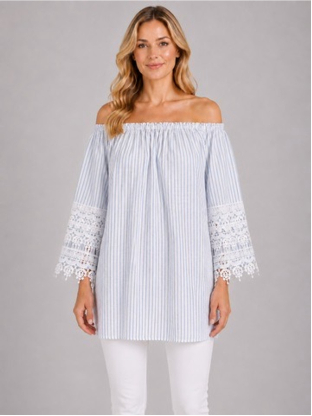 Saks Fifth Avenue Linen Off-Shoulder Top Coastal Boho Striped Lace Blouse Size M